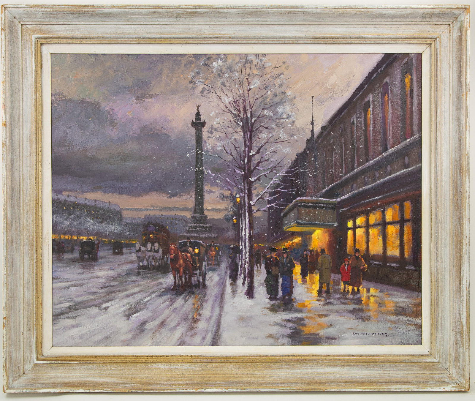 Impressionist Oil Painting - Paris Winter Street Scene by Edouard Cortés: Title: Impressionist Oil Painting - Paris Winter Street Scene by Edouard Cortés Medium: Oil On Canvas Painting Size: 29" x 23" Frame Size: 36" x 30" Condition: This artwork is in great condition for 