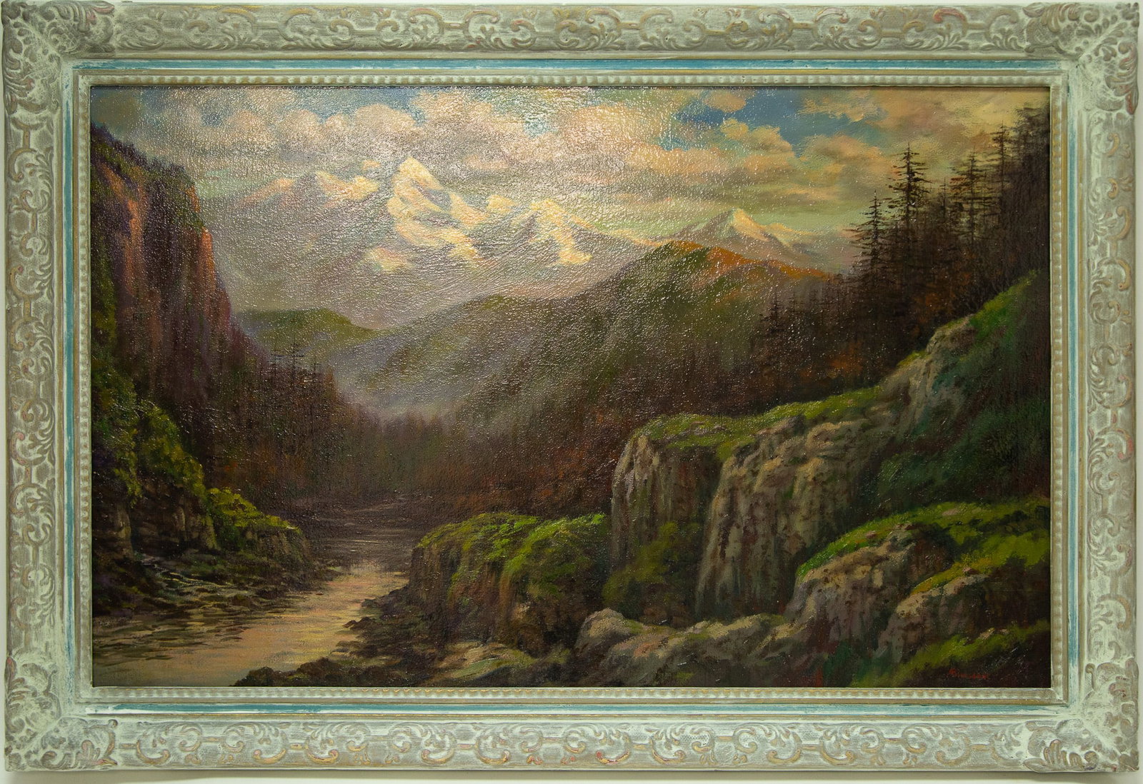 Landscape Oil Painting - Snow-Capped Mountain Peak, River & Canyon: Title: Landscape Oil Painting - Snow-Capped Mountain Peak, River & Canyon Medium: Oil On Canvas Painting Size: 37" x 23" Frame Size: 43" x 29.5" Condition: This artwork is in great condition for its a