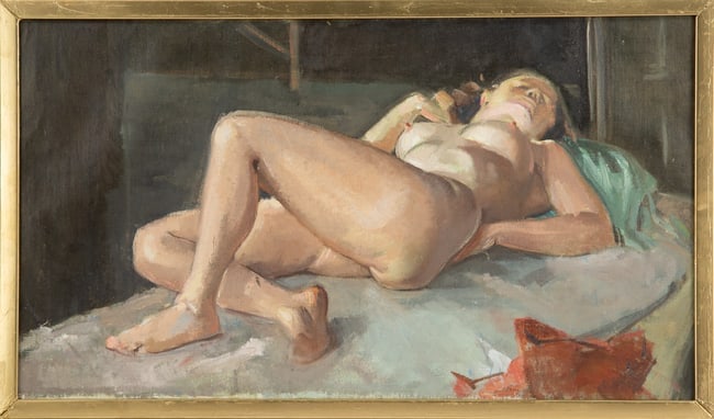 Fred Pendexter( Amer,1915-1970) Singed oil on canvas of a reclining nude.: Painting Size: 27.5 x 15.5 Fram Size: 29.5 x 17 Framing Options: We offer in house framing if you would like your artwork to be framed. Please contact us after the sale for a quote. We have experience