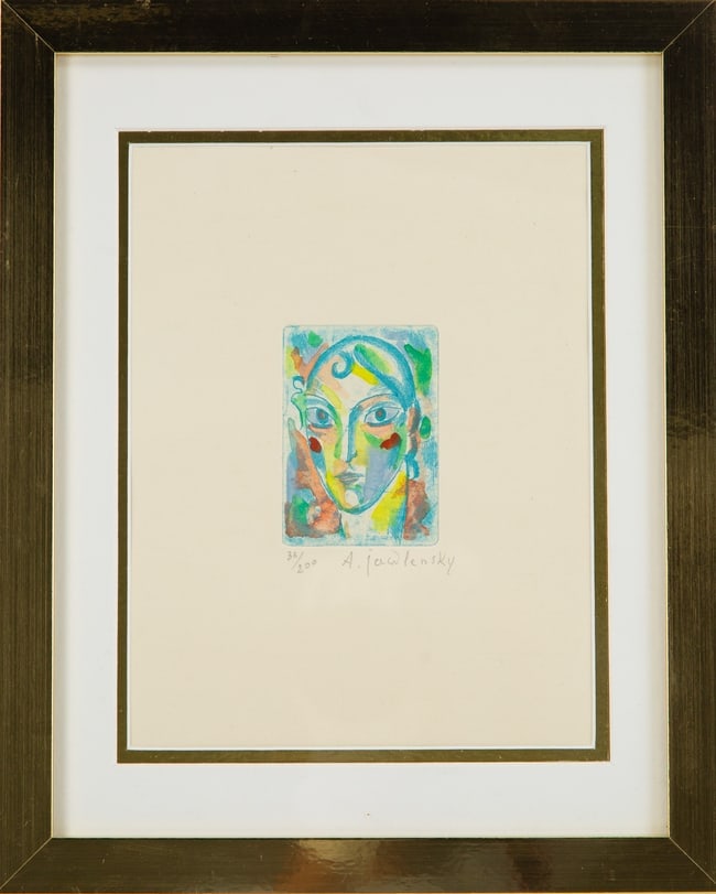 Alexei von Jawlensky (Russian,German, 1864-1941),pencil signed lithograph portait on fine art: Title: Arcylic on canvas Fram Size: 15.5 x 12.5 inches Painting Size: Artist: Alexei von Jawlensky Signature: Signed Signature Location: Signed in pencil Framing Options: We offer in house framing if 