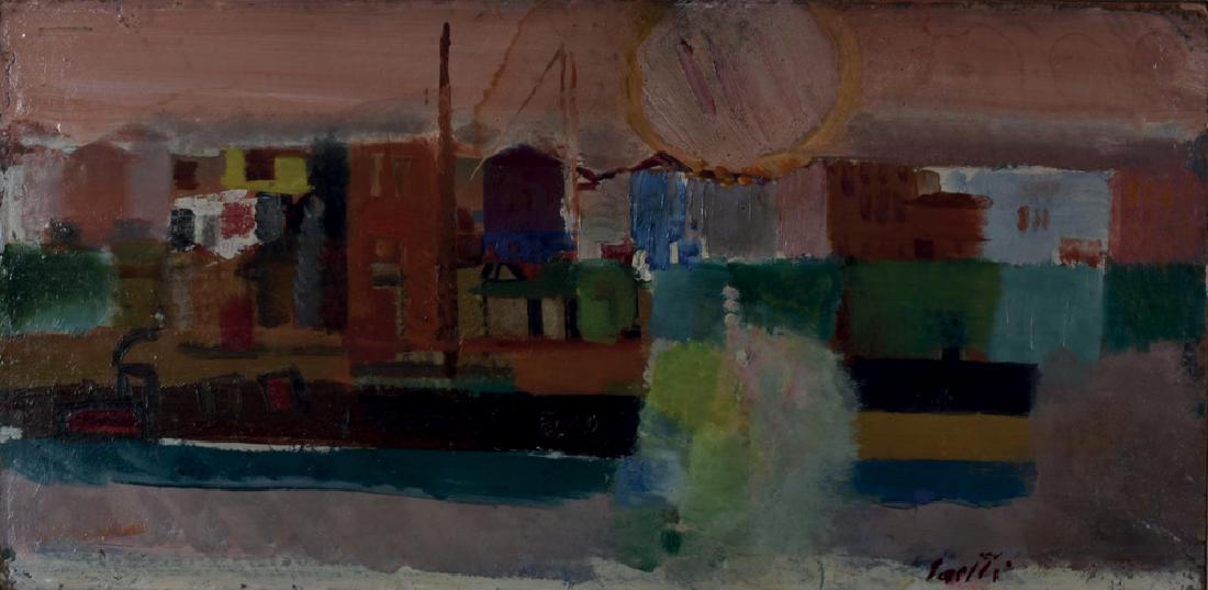 Bruno Saetti PAESAGGIO CON SOLE olio su cartone, cm: Bruno Saetti PAESAGGIO CON SOLE olio su cartone, cm 24x48 firmato eseguito nel 1954 Provenienza Galleria dâ€™Arte Metastasio, Prato Collezione privata, Firenze