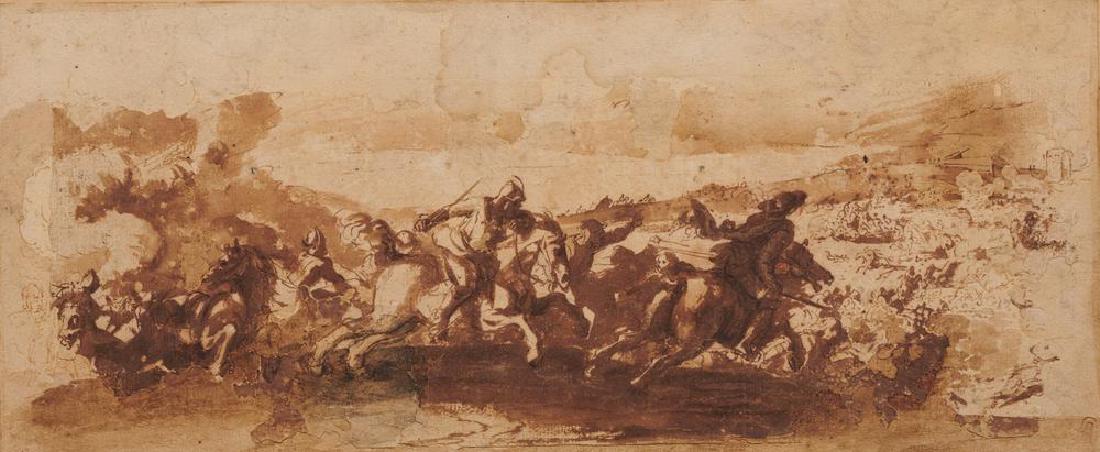 Guillaume Courtois [attribuito a] (1628 - 1679) SCENA: Guillaume Courtois [attribuito a] (1628 - 1679) SCENA DI BATTAGLIA Penna e inchiostro bruno. mm 139x334. Provenienza: Collezione Francis Abbott (Lugt, 970. Timbro al verso)