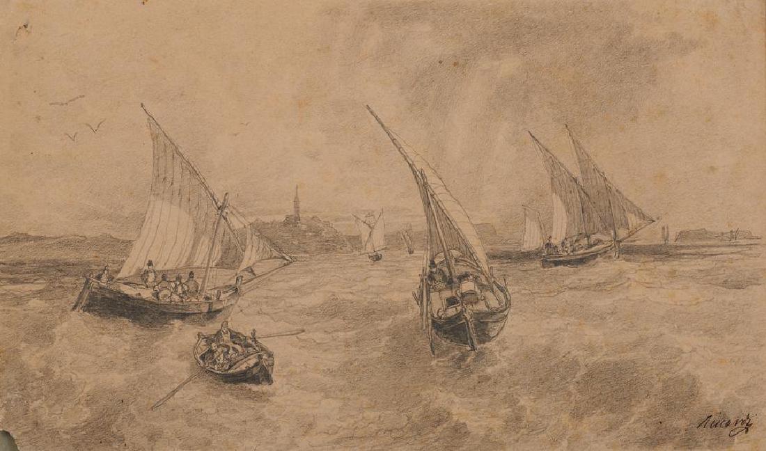 Artista Italiano del XIX secolo PAESAGGIO MARINO CON: Artista Italiano del XIX secolo PAESAGGIO MARINO CON BARCHE Matita di grafite. mm 165x275. Reca firma 'Minardi' in basso a destra.