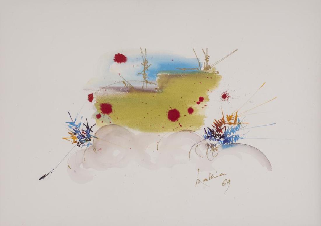 Georges Mathieu SORINIÃ©RE acquarello su carta, cm: Georges Mathieu SORINIÃ©RE acquarello su carta, cm 54x75 firmato e datato sul retro: titolato eseguito nel 1969 L'opera Ã¨ accompagnata da autentica di Laurence Isern, Parigi su fotografia in data