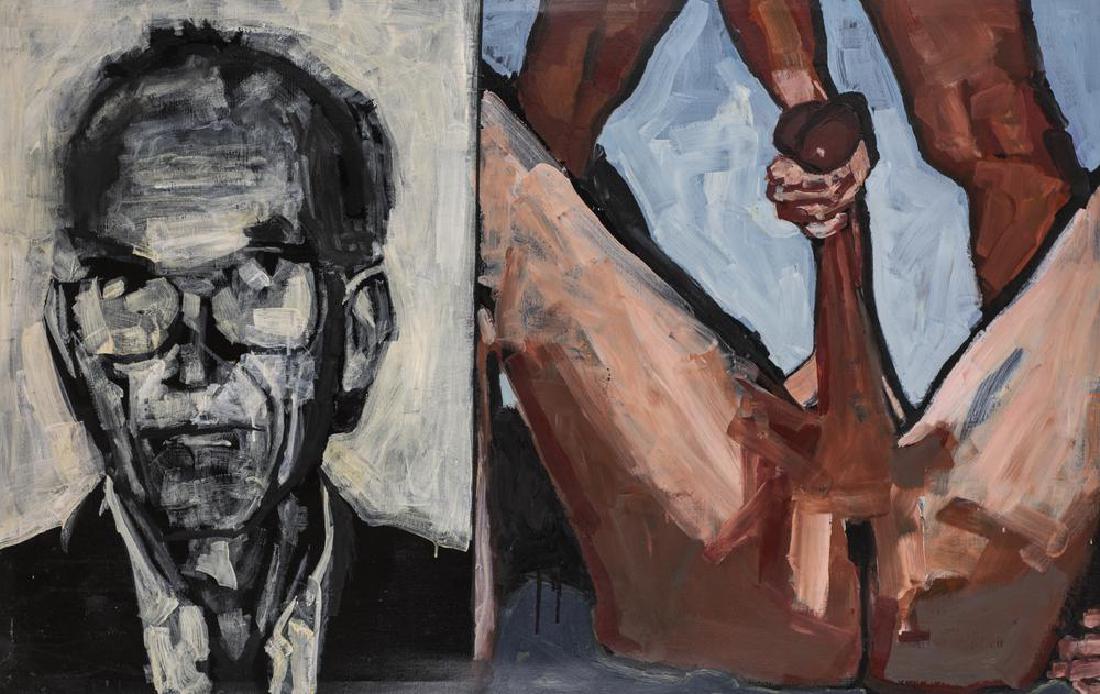 Ryan Mendoza SALVATORE BONSIGNORE, 68 ANNI: VICTIM OF: Ryan Mendoza SALVATORE BONSIGNORE, 68 ANNI: VICTIM OF ENRAGED PROSTITUTE olio su tela, cm 84x130 sul retro: firmato L'opera Ã¨ accompagnata da autentica dell'artista su pagina di catalogo Provenienz