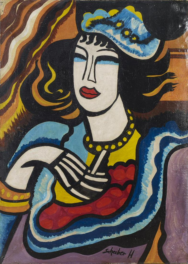 Hugo Scheiber (1873 - 1950) DONNA CON CAPPELLINO E: Hugo Scheiber(1873 - 1950)DONNA CON CAPPELLINO E SIGARETTAolio su tela, cm 70x50firma