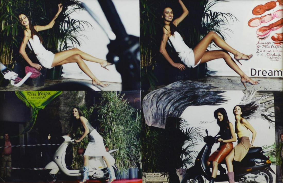 Peter Beard HOMAGE TO MISS VESPA quattro stampe: Peter BeardHOMAGE TO MISS VESPAquattro stampe cromogeniche vintage montate a mosaico, collage e gouache, cm 38,5x56,7; opera unicafirma, titolo e dataeseguito nel 2001