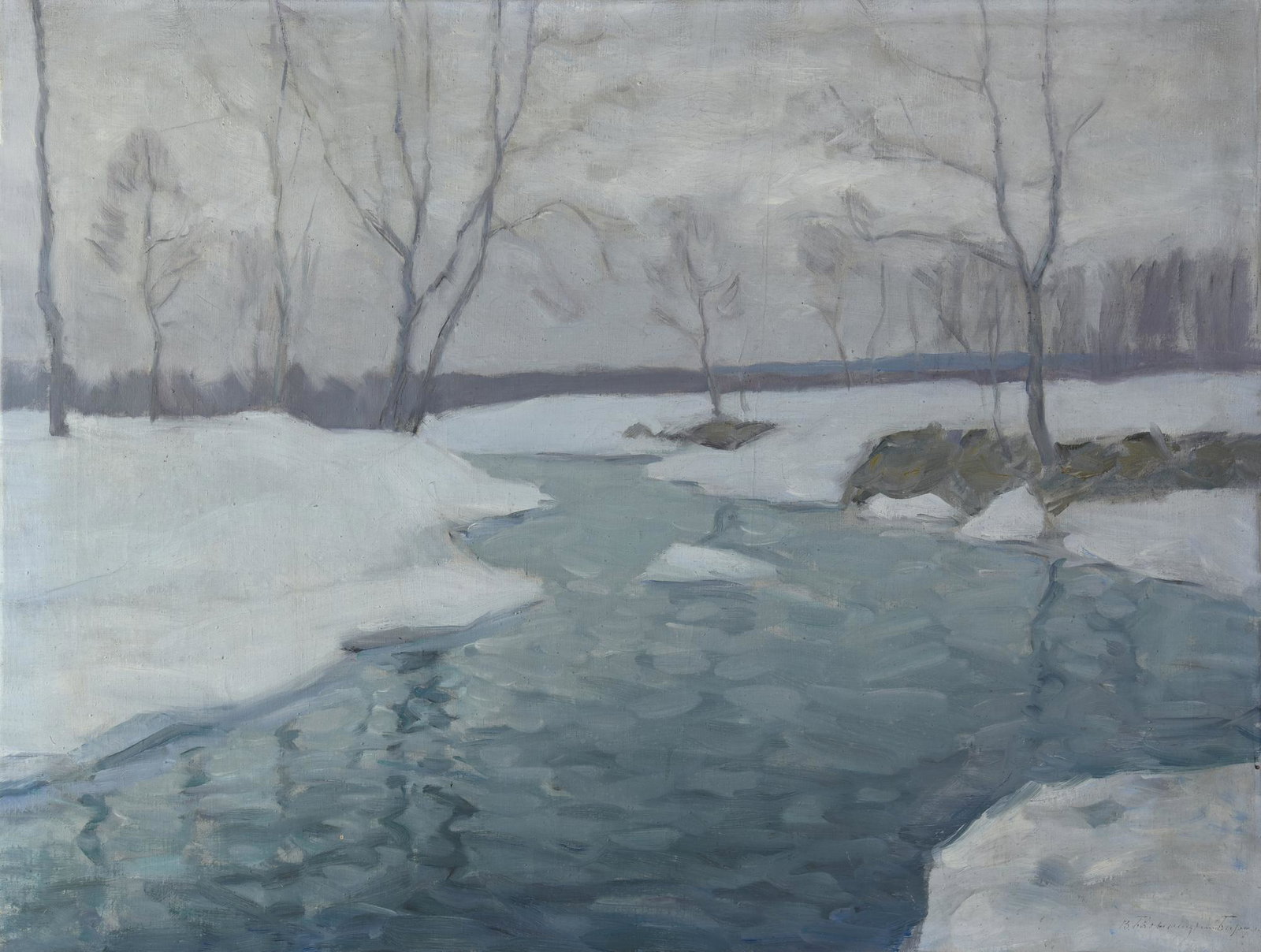 Vitold Bialynitski-Birulla(1872 - 1957)PAESAGGIO INNEVATO LUNGO FIUMEolio su tela, cm 60x80firmasul (1 of 1)