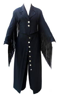 Martine Sitbon FRINGES SUIT Description: Black cady for: Martine Sitbon FRINGES SUIT Description:Black cady for bolero and trouser inspired New Mexico style.The single-breasted two-button bolero is characterized by very long fringes that run from the back t