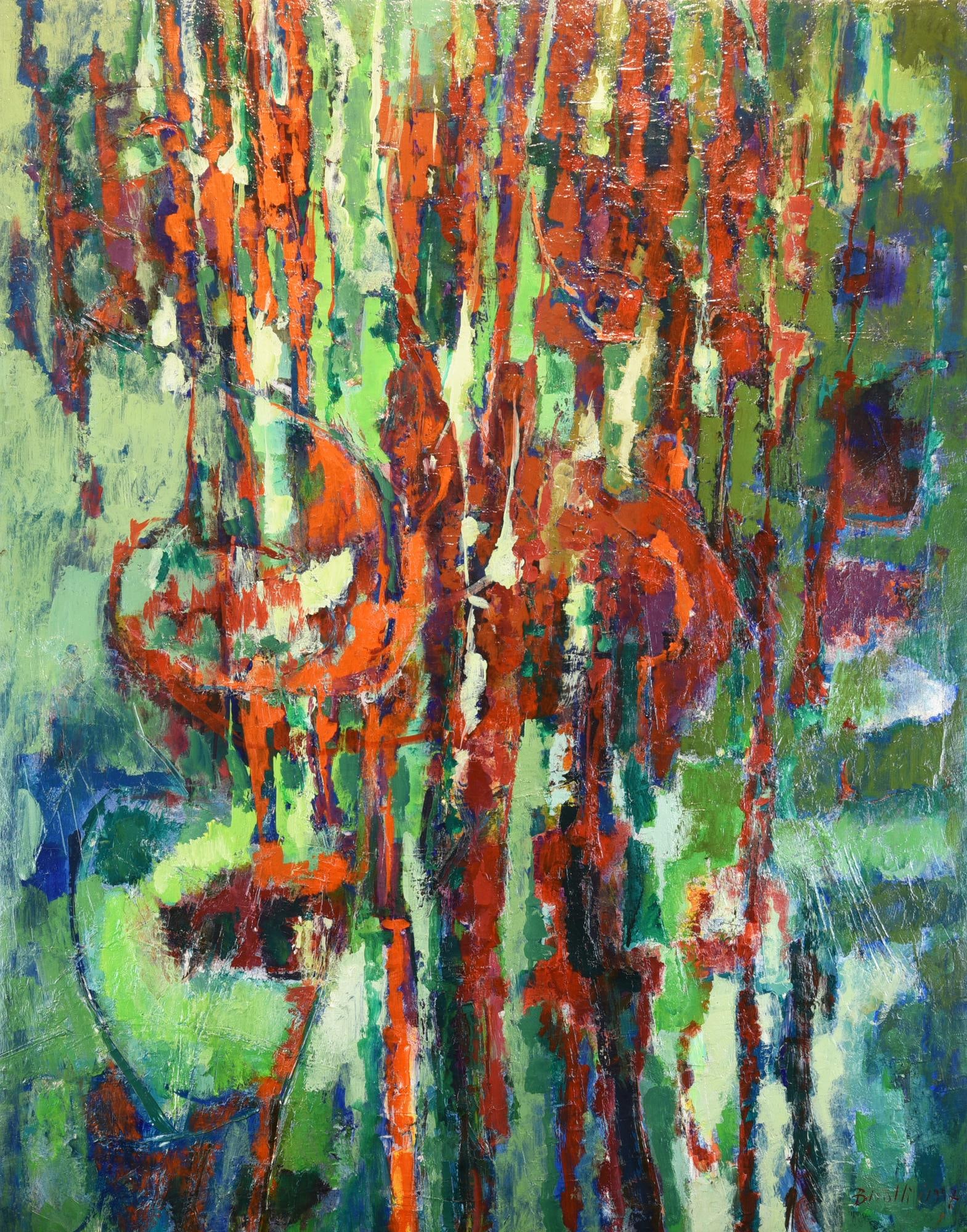 Renato Birolli (1905 - 1959) ALBERI SUL VERDE, 1957: Renato Birolli(1905 - 1959)ALBERI SUL VERDE, 1957 olio su tela, cm 115x89 firma e datasul retro: firma, data, etichetta Galleria d'Arte La Medusa, Roma, etichetta Casa Francotto, Busca ed etichetta Pa