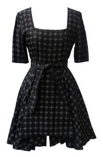 Martine Sitbon  A-LINE DRESS: Martine Sitbon A-LINE DRESSDESCRIPTION:Dress in dark grey dots printed. Belt, short sleeves, under skirt in crinolina to support the characteristic A-Line shape. Zip at the center back, generous squar