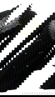 Martine Sitbon DB LONG JACKET: Martine Sitbon DB LONG JACKET DESCRIPTION:Lined double breasted jacket in pinstripe wool. Revers fully embroidered in swarovski. Made in Italy in the 80s. Jewel buttons. Size IT 42. Perfectly preserve