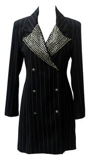 Martine Sitbon  DB LONG JACKET: Martine Sitbon DB LONG JACKET DESCRIPTION:Lined double breasted jacket in pinstripe wool. Revers fully embroidered in swarovski. Made in Italy in the 80s. Jewel buttons. Size IT 42. Perfectly preserve