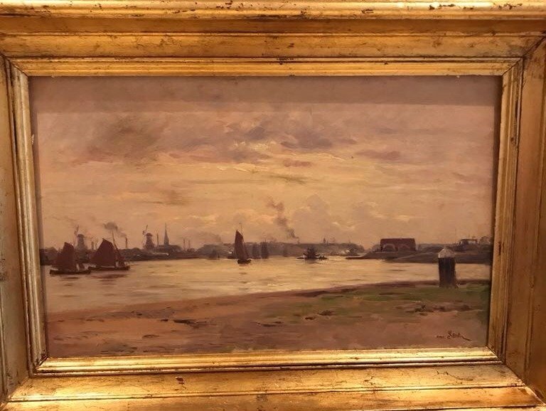 HENRI SAINTIN (1846-1899) Jetée du Portrieux: Directly from the artist atelier this oil on canvas show a yellow dawn in a french beach. With a Saintin personal palette, make this painting a very decorative itemSize: 15 inches (h) x 24 inches (w) 