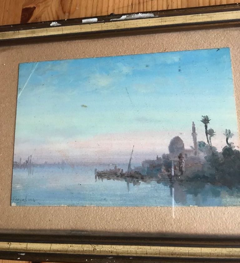 PAUL PASCAL (1839-1905) Arab Scene: Watercolor. FramedSigned and datedSize: 4 inches (h) x 6 inches (w) watercolor6 1/2 inches (h) x 8 1/2 inches (w) frameDelicated watercolor, with arab scen. Nice, cute very decorativePaul PascalÂ (18