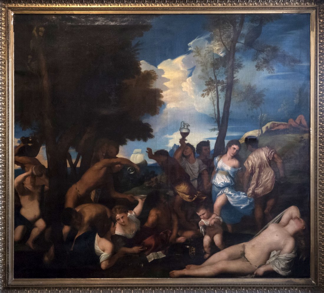 XIX Copy of Il Baccanale degli Andrii: Late copy of Il Baccanale degli Andrii. The original The Bacchanal of the Andrians is an oil painting by Titian. It is signed "TICIANUS F.[aciebat]" and is dated to 1523Â–1526.The painting is now h