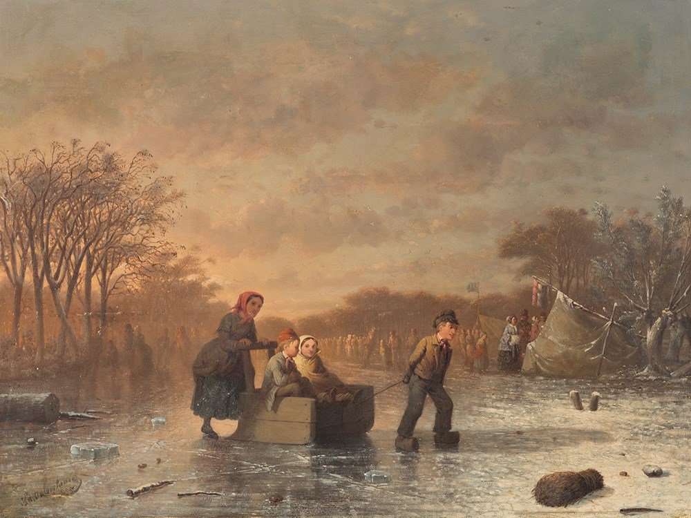 JOHANN MONGEL CULVERHOUSE (1820-1925) Skating in Delft: Johann Mongel Culverhouse, Ice Skating in Delft, 1855Oil on cardboard Netherlands, 1855 Johann Mongel Culverhouse (1820-1895) Â– Dutch genre painter Signed and dated lower left Â‘J. M. Culverhou