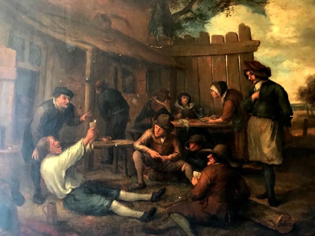XVIIIth DUTCH SCHOOL IN THE TASTE OF JAN STEEN.: Peasants drinking and smoking. Oil on oak panel a board, not floored Signed on the trunk JSteen At the back has a wax monogram stamped. Size: 16 inches(h) x 19 1/2 inches (w). An incredible work of ar