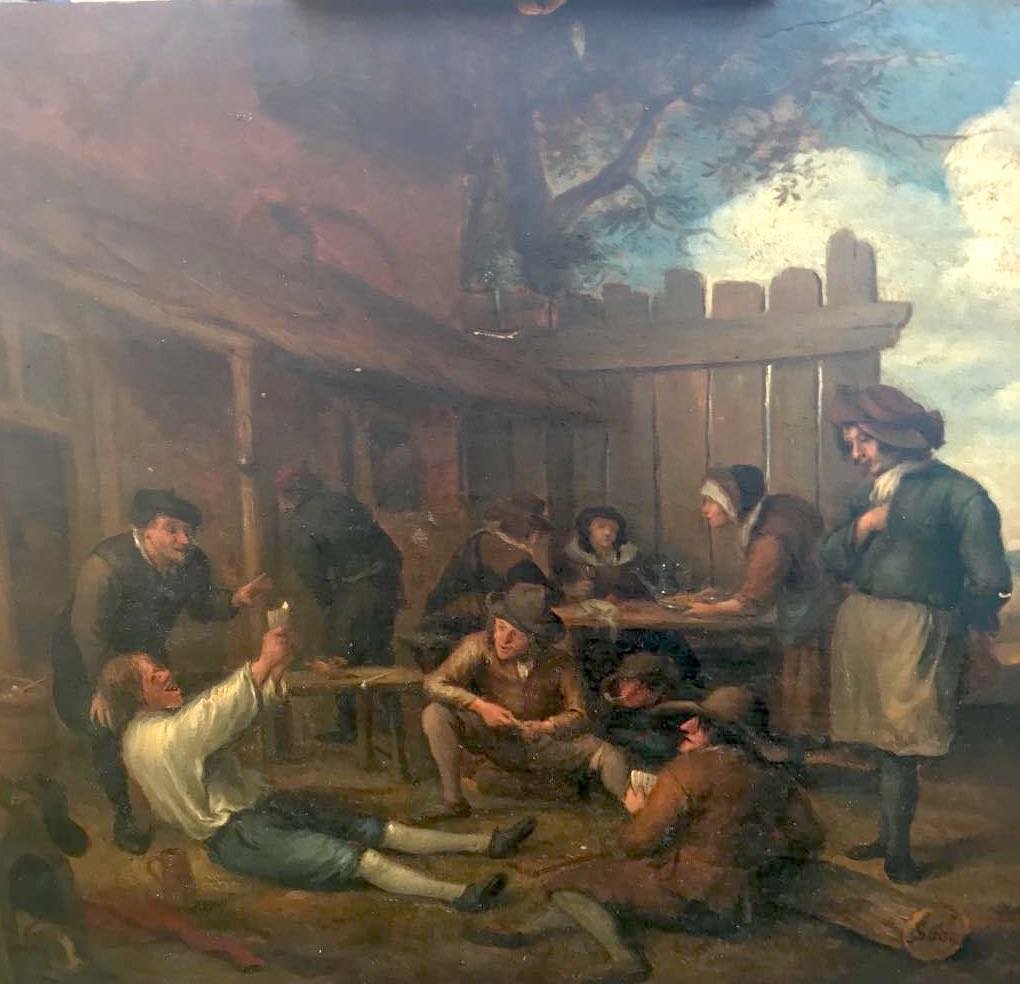 XVIIIth DUTCH SCHOOL IN THE TASTE OF JAN STEEN.: Peasants drinking and smoking. Oil on oak panel a board, not floored Signed on the trunk JSteen At the back has a wax monogram stamped. Size: 16 inches(h) x 19 1/2 inches (w). An incredible work of ar