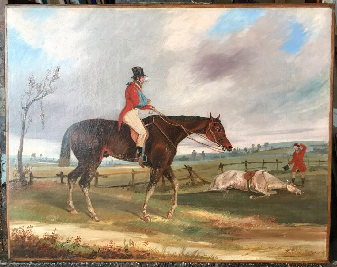 HENRY THOMAS ALKEN (1789-1851) The Fall: Oil on canvas. Framed .14 inches (h) x 18 inches (w) only canvas. Signed . At the back has a label from Arthur Aeckermann and son Ltd. BIO:Alken worked in both oil and watercolor and was a skilled etc