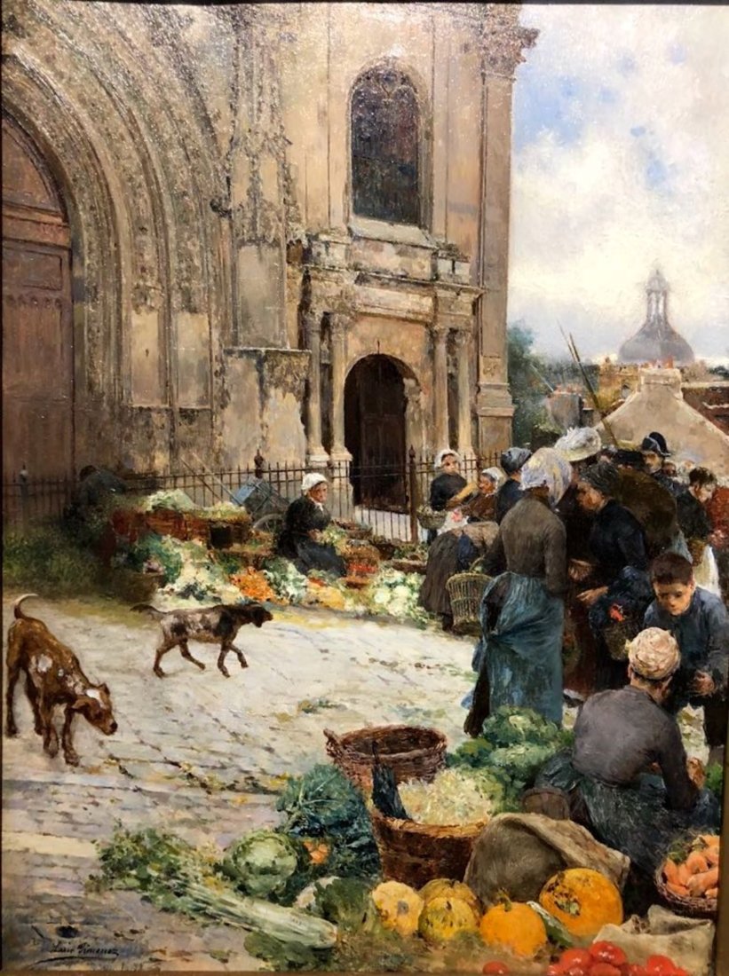 LUIS JIMENEZ Y ARANDA (1845-1928) Pontoise Market: Oil on wood by the Spanish painter Luis Jimenez Aranda. Signed. Framed. Size: 17 inches (h) x 9 inches (w) wood. 21 1/2 inches (h) x 18 inches (w) frame.At the back has an inscription. French address