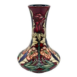 MOORCROFT Art Pottery Vase design by Rachel Bishop, MASQUERADE pattern.: MOORCROFT Art Pottery Vase design by Rachel Bishop, MASQUERADE pattern.Refined Art Pottery Vase, very decorative. Decorated with flowers such as roses and peach carnations.Design by Rachel Bishop