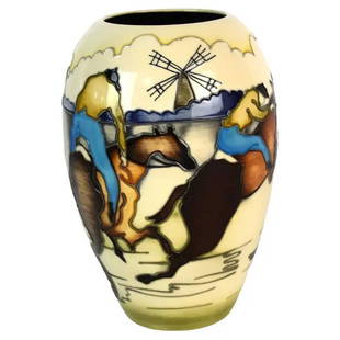 LIMITED Edition MOORCROFT Art Pottery Vase designed by Kerry Goodwin dated 2015. Numbered 5/50 BOXED: LIMITED EDITION Moorcroft Vase designed by Kerry Goodwin.An incredible Art Pottery Vase with equestrian design. Decorated with figures on horseback with windmills beyond, numbered 5/50, dated 2015,