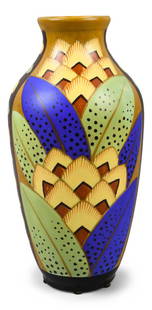 Art Deco Boch Keramis Polychrome Vase Charles Catteau Collection by Jan Wind D2232: Vase with polychrome decoration of stylized plant motifs. Polychrome design with stylized vegetable motifs. 1937, Jan wind for Charles Catteau D2232 - F945 Brands: w (Jan wind) - D2232 - F945 - Boch F