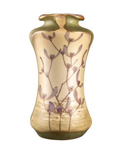 Art Nouveau ceramic vase with Birds Flowers by Turn Teplitz Amphora Austria 1900: VASE in a stylized plant shape with a hemmed neck Decor of flowering stems against a backdrop of a lake landscape in reserve Glazed ceramic. Marked on underside Turn Teplitz Bohemia, RStK. Made in Aus