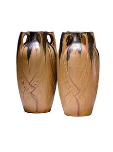 Pair of Large Denbac French Art Nouveau Grès Flame Pottery Vase: Pair of Large French Art Nouveau ceramic vases, Denbac (1909-1952) produced in Vierzon. Collector's item with a unique art nouveau handle organic form.Manufacture de Gres Flammes, approx. 1910/11, cer