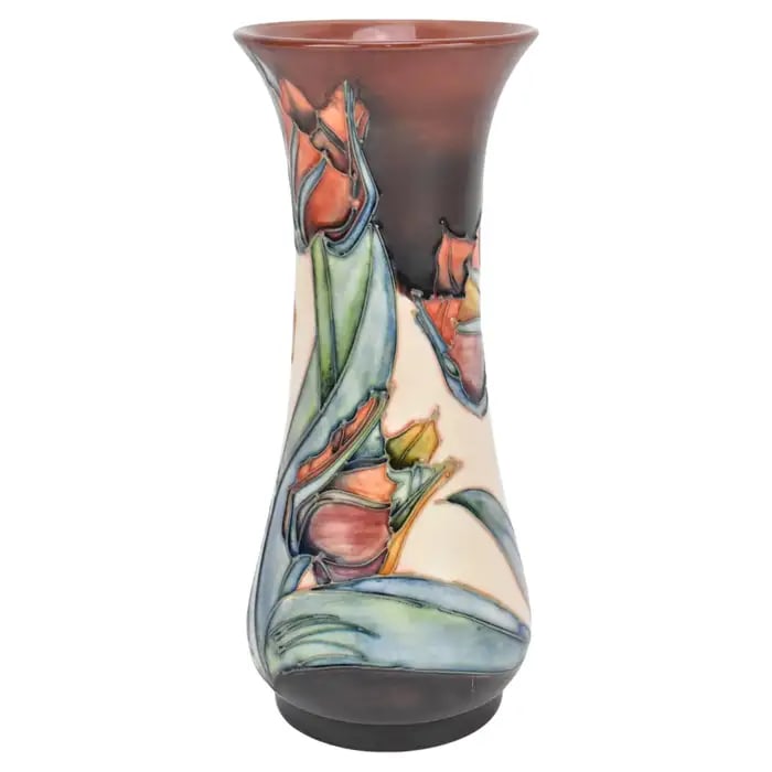 MOORCROFT POTTERY vase designed by Sally Tuffin and painted by Sharon Austin size 364/8.circa 1990.: MARVELOUS Moorcroft pottery vase designed by Sally Tuffin painted by Sharon Austin, circa 1990, size 364/8, in the 'Red Tulip' pattern, of baluster form with tube-lined decoration, the underside with