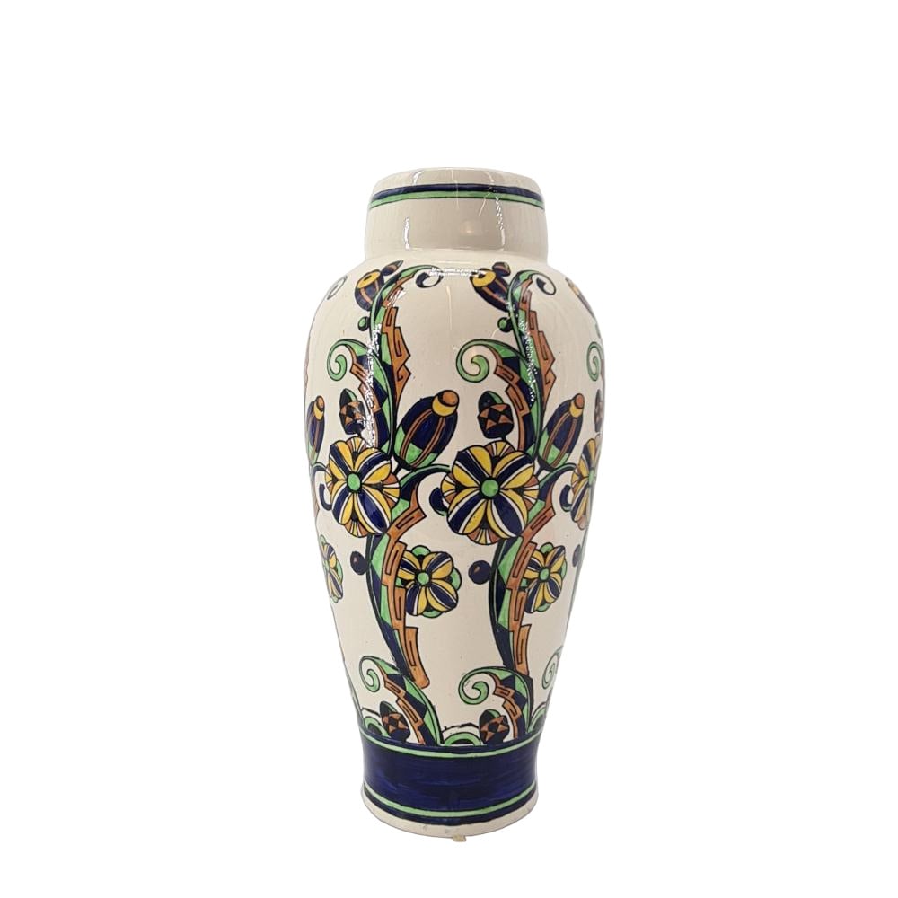 ART DECO LARGE Charles Catteau for Boch Keramis Vase circa 1927: ART DECO LARGE Charles Catteau for Boch Keramis Vase circa 1927Striking, stylized, hand-painted flowers and a beautiful deep cobalt blue banding sit perfectly on the gently curved and perfectly propor