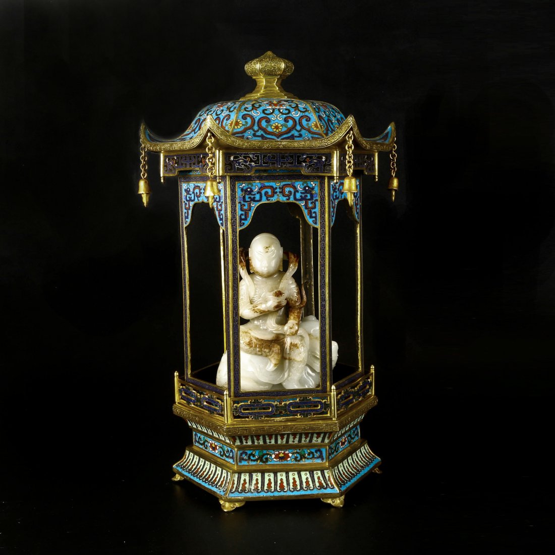 A Carved White Jade Buddha LUOHAN With Cloisonne Temple (1 of 10)