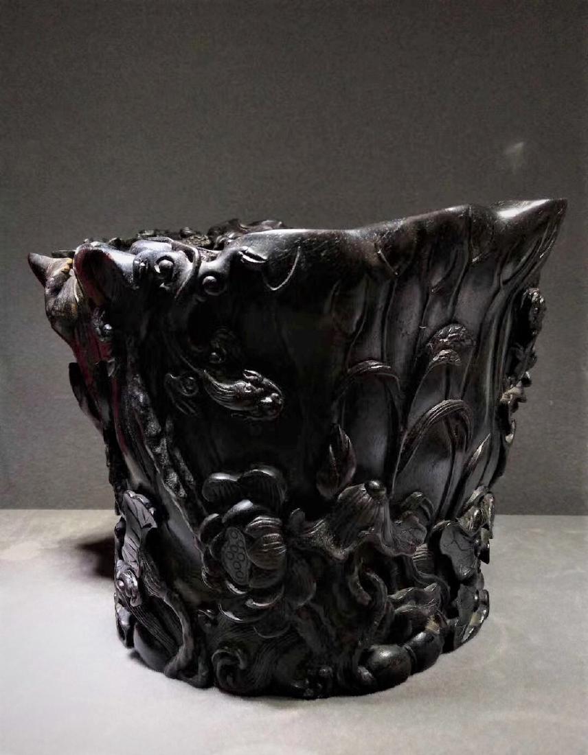 A Chinese ZiTan Wood Brush Pot with Floral Pattern (1 of 9)