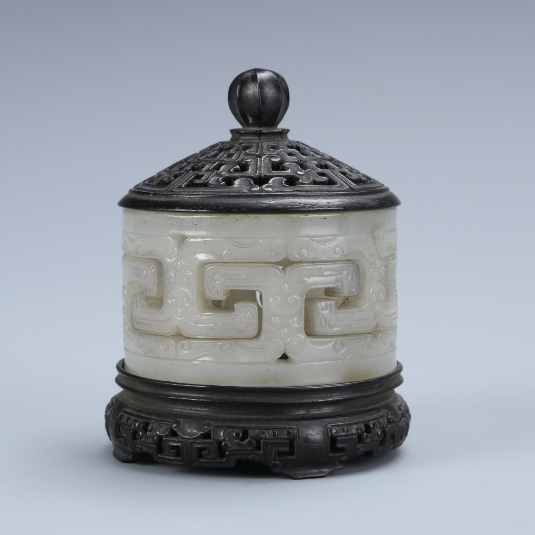 Interlocking Carved White Jade Rings w/ Zitan Base (1 of 8)