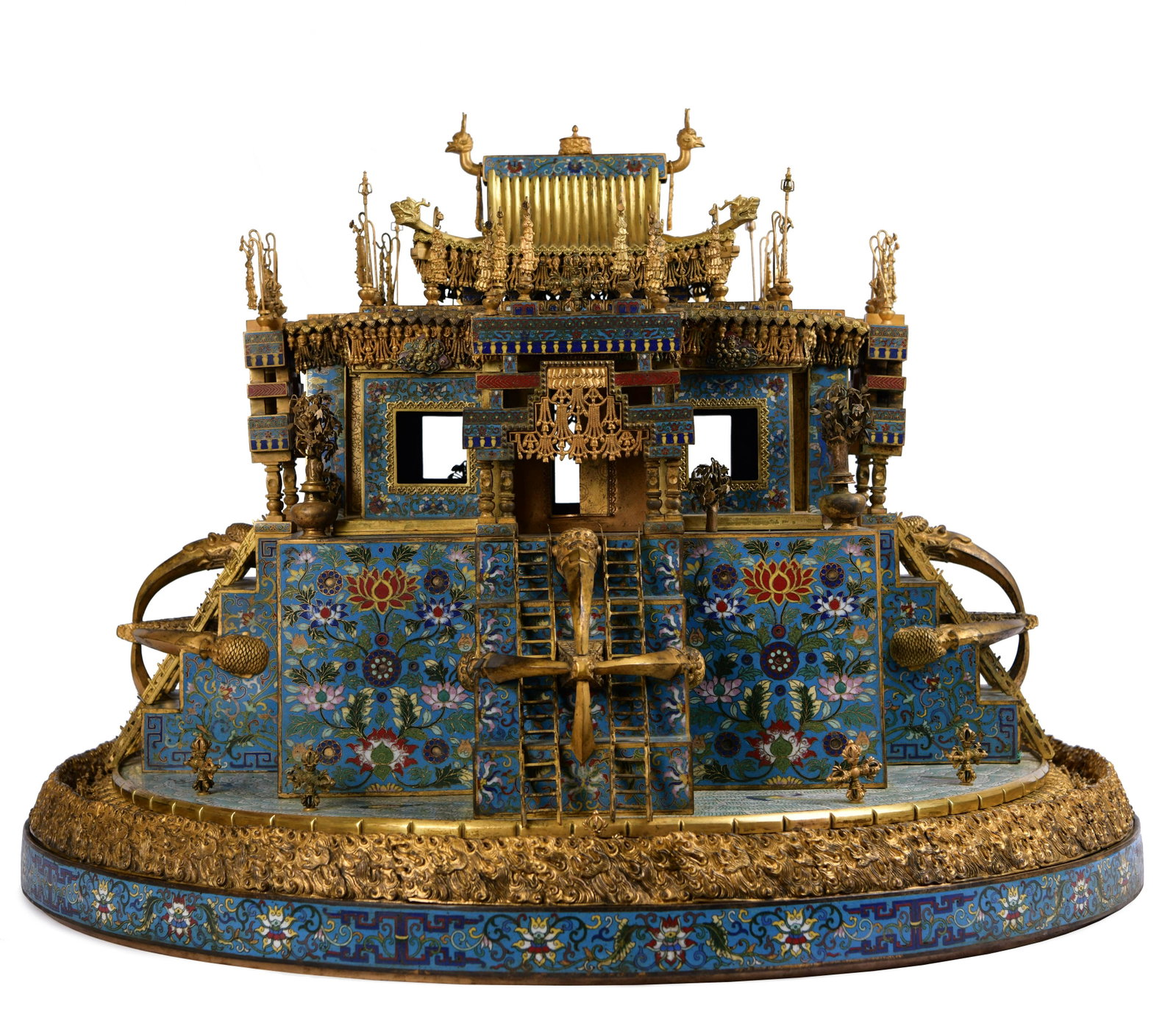 VERY RARE AND EXQUISITE CLOISONNE ENAMEL MANDALA: VERY RARE AND EXQUISITE CLOISONNE ENAMEL MANDALA, model of a miniature building representing a Buddhist 'mandala'in three dimensions, embellished with colorful cloisonné enamel glazes. The round-shap