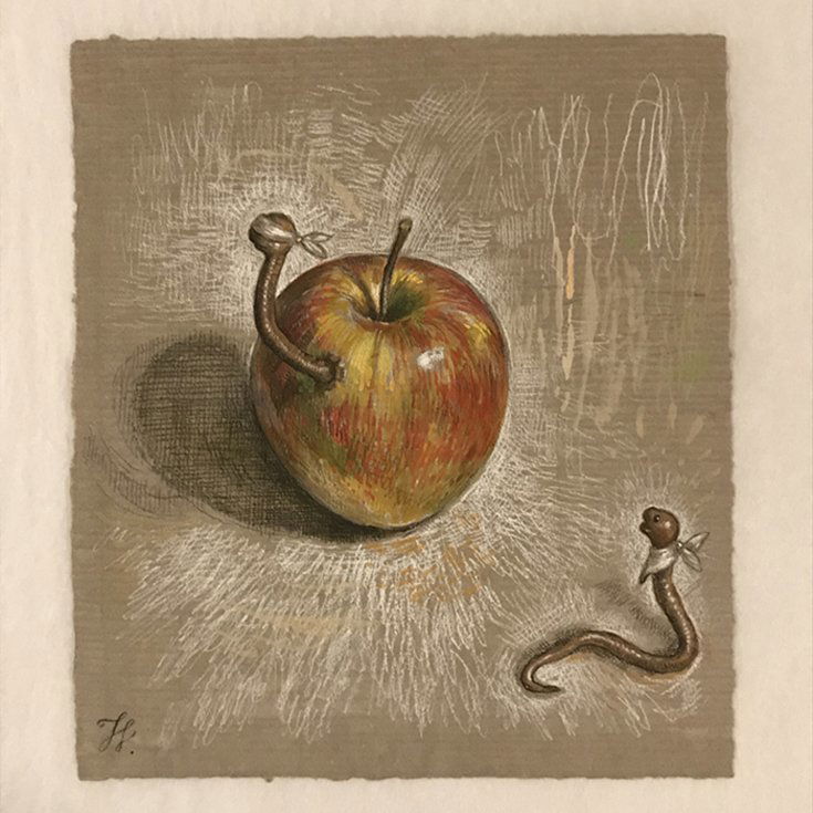 "Untitled from Apple Canon" Thomas Woodruff: Board member Christopher Sweet has donated this drawing by the artist Thomas Woodruff depicting a blindfolded worm emerging from an apple while another worm with a napkin around its neck looks on. Tho