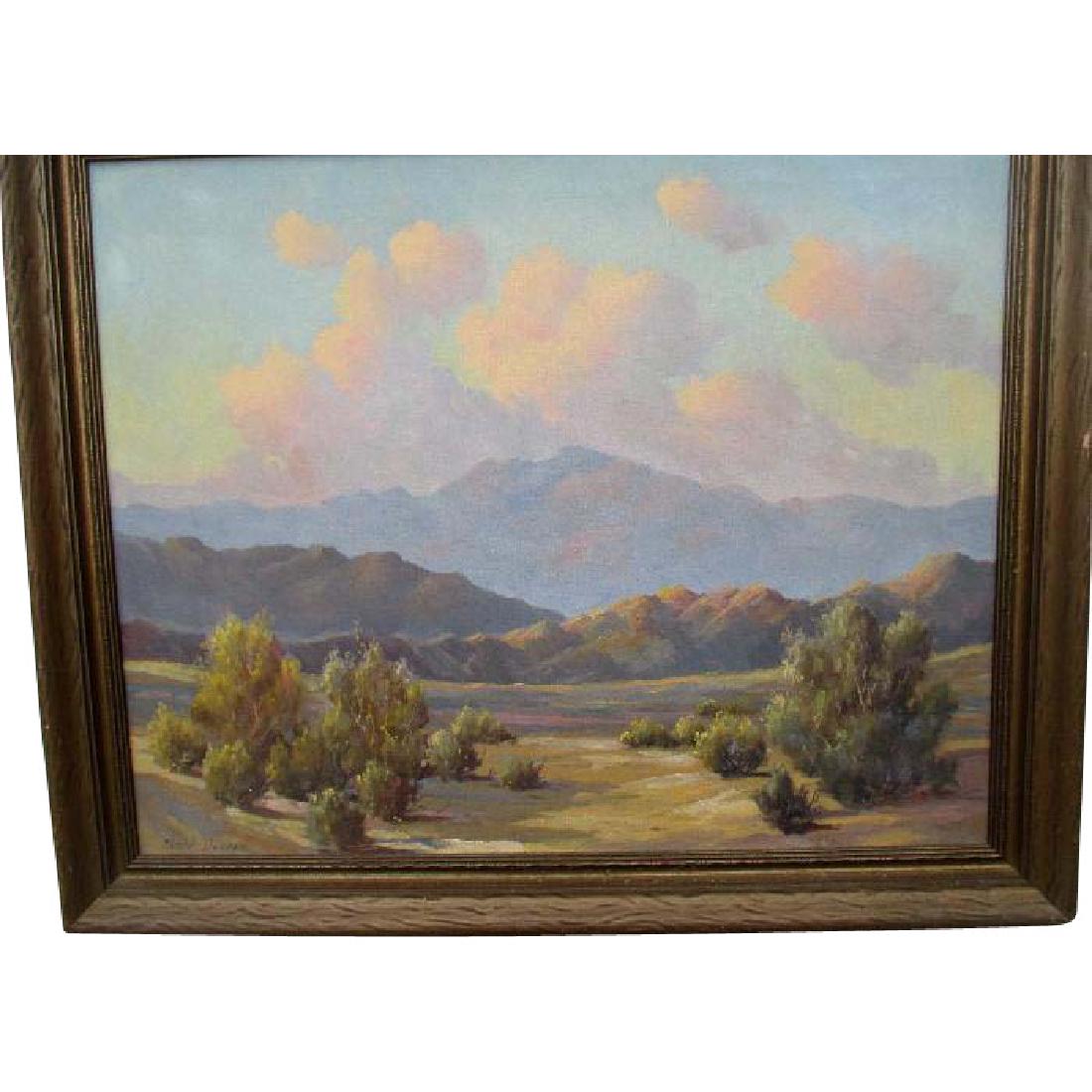 Original Desert Scene Oil Painting by "Charles Damrow: We have offered here a fabulous Original Oil Painting by Arizona artist "Charles Damrow (1916-1989)". This one shows a desert scene with scrub brush in the foreground, and rising hills and mountains i