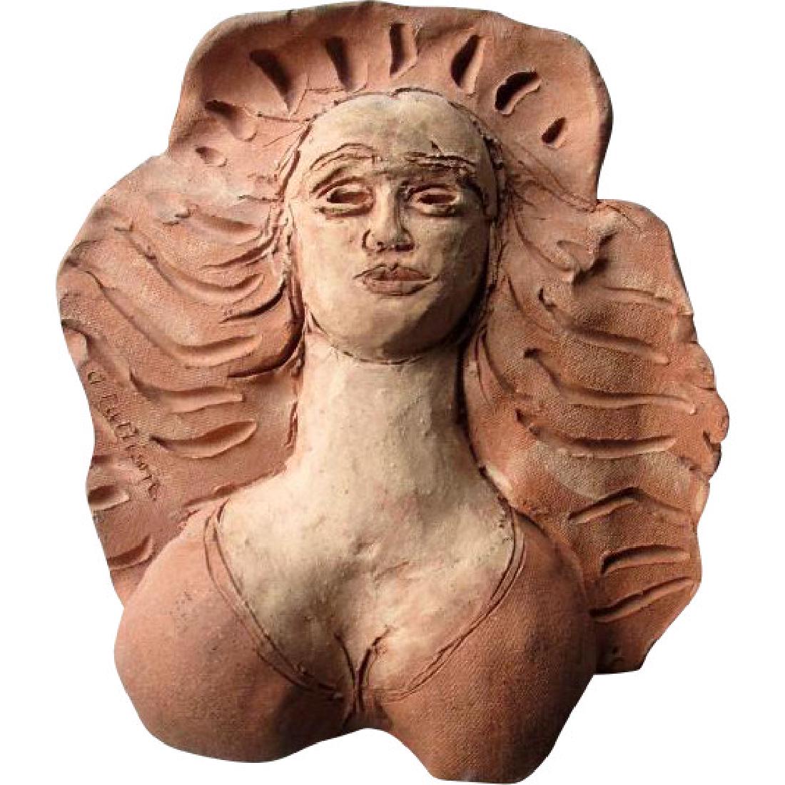 Original "Abbott Pattison (1916-1999)" Terra Cotta: We have offered here a fabulous Original Terra Cotta Sculpture by Chicago Artist "Abbott Pattison (1916-+1999)". This one is a modernist Sculpture of a woman's Head and chest, with a swirl of hair aro