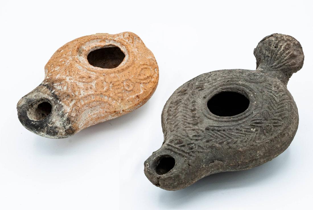 Two Samarytan Holy Land Type Terracotta Oil Lamps,: Two Samarytan Holy Land Type Terracotta Oil Lamps, 3rd-4th Century CE Provenance: The estate of Prof. Victor Deutsch.