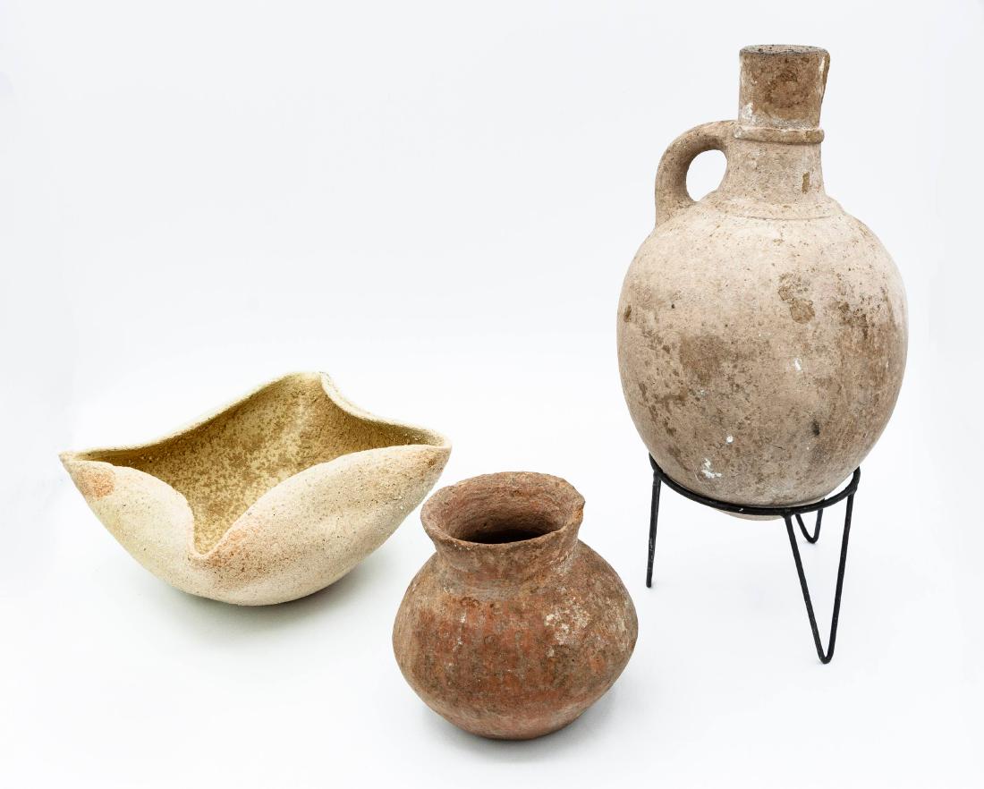 Canaanite Middle Bronze Oil Lamp and Juglet and a Small: Canaanite Middle Bronze Oil Lamp and Juglet and a Small Jar, 2-1 Millennium BCE The juglet neck has been cut. Provenance: The estate of Prof. Victor Deutsch.