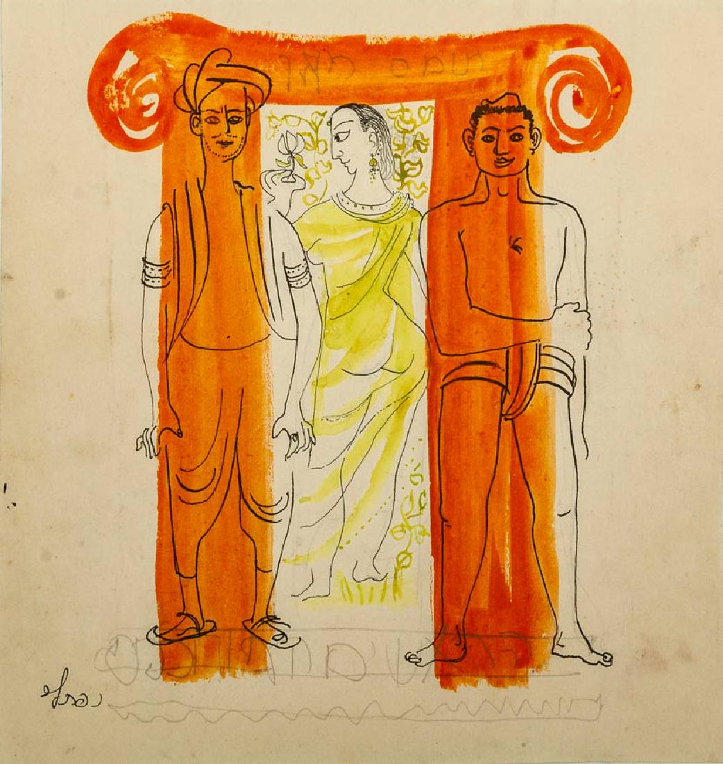 Naftali Bezem, Preparation for a Thomas Mann Book Cover: Naftali Bezem, Preparation for a Thomas Mann Book Cover Technique: Watercolor and ink on paper Date: 1950's Signature: Signed (lower left). 19 x 18 cm Condition: Good Provenance: The estate of Naftali