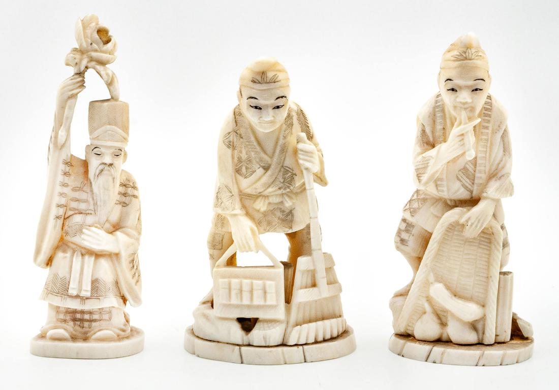 Three Carved Okimono, Japan, Mid 20th Century: Three Carved Okimono, Japan, Mid 20th Century Description: 1. Figure with a pipe. Height: 10.5 cm 2. Figure of a wiseman with a flower. Height: 10 cm 3. Figure of a man with a broom. Height: 10 cm
