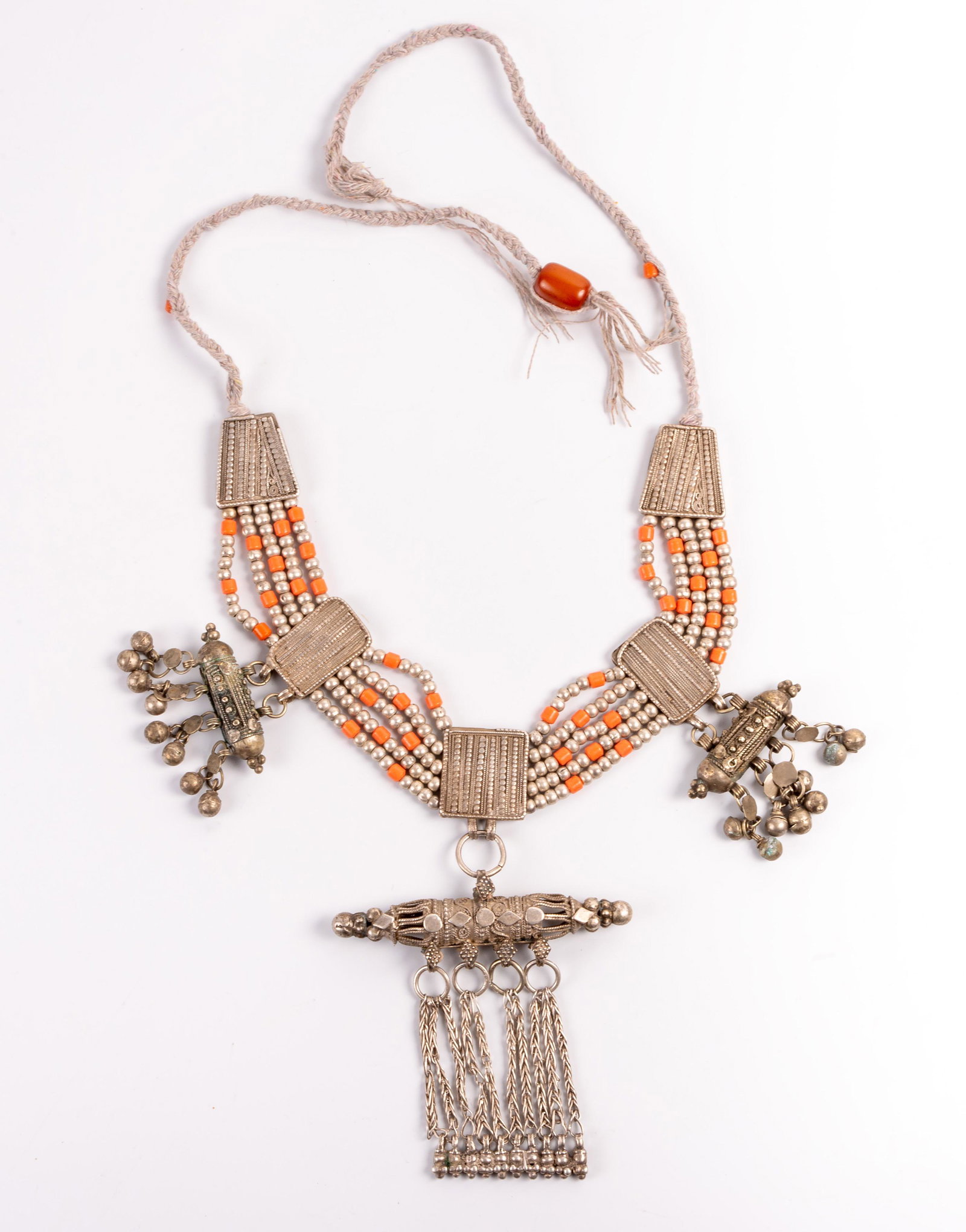 A Nice Silver "Lazem" Necklace, Yemenite, Late 19th: A Nice Silver "Lazem" Necklace, Yemenite, Late 19th Early 20th Century Composed of four rectangular elements decorated with filigree work connected between them with five rows of beads. Amulet pendant