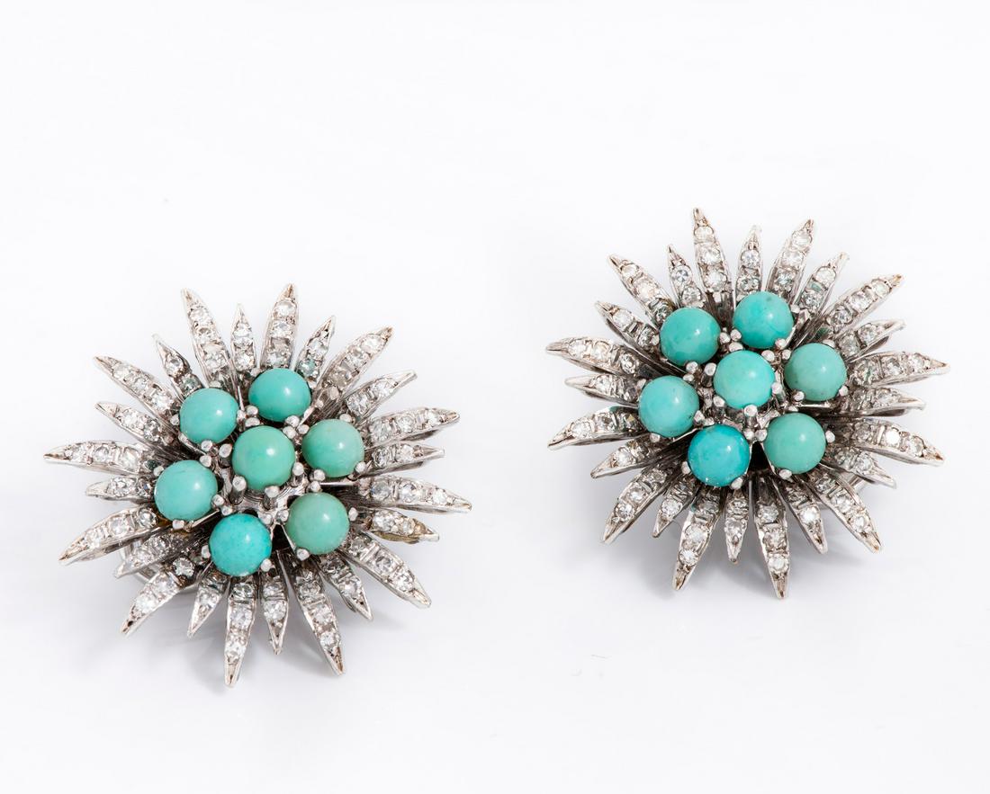 A Pair of 18K White Gold Diamond and Turquoise Clip (1 of 2)
