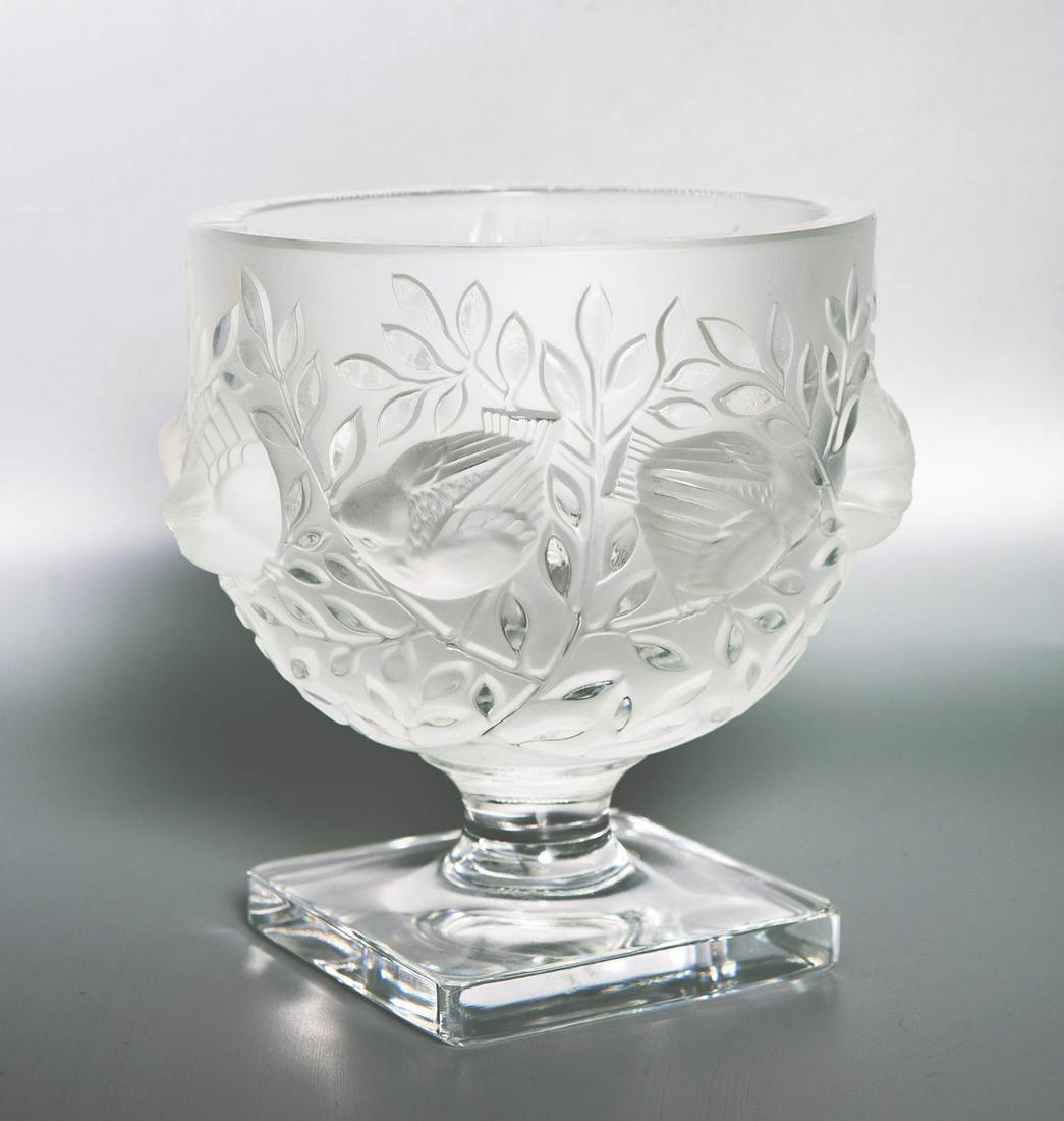 A Lalique Etched Crystal Sweetmeat Bowl: A Lalique Etched Crystal Sweetmeat Bowl Decorated throgought with perched birds. Signed underneath. Height: 13 cm