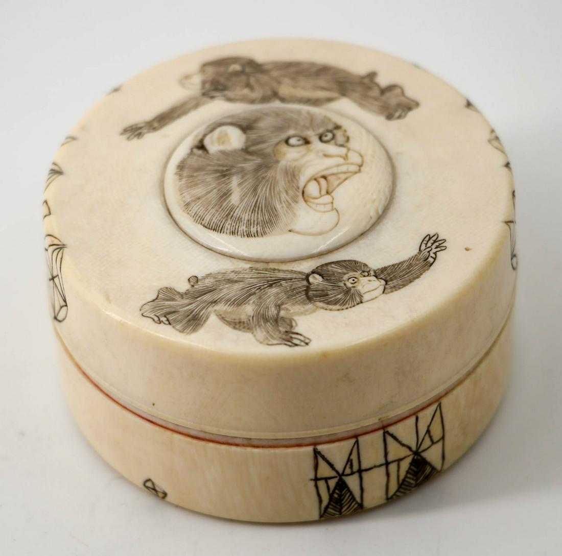 An Stamp Pad Box, Japan, Meiji Period, 19th Century: An Stamp Pad Box, Japan, Meiji Period, 19th Century With fine engraved decorations of monkeys. 6 x 3.3 cm