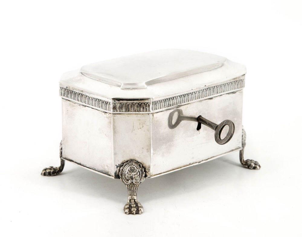A Silver Jewelry Casket by Jan Holke, Poland, 1800-1840: A Silver Jewelry Casket by Jan Holke, Poland, 1800-1840 A polygonal body raised on four, stylized, paw like supports with a hinged lid and including the original key. Fully marked, maker's mark (on th