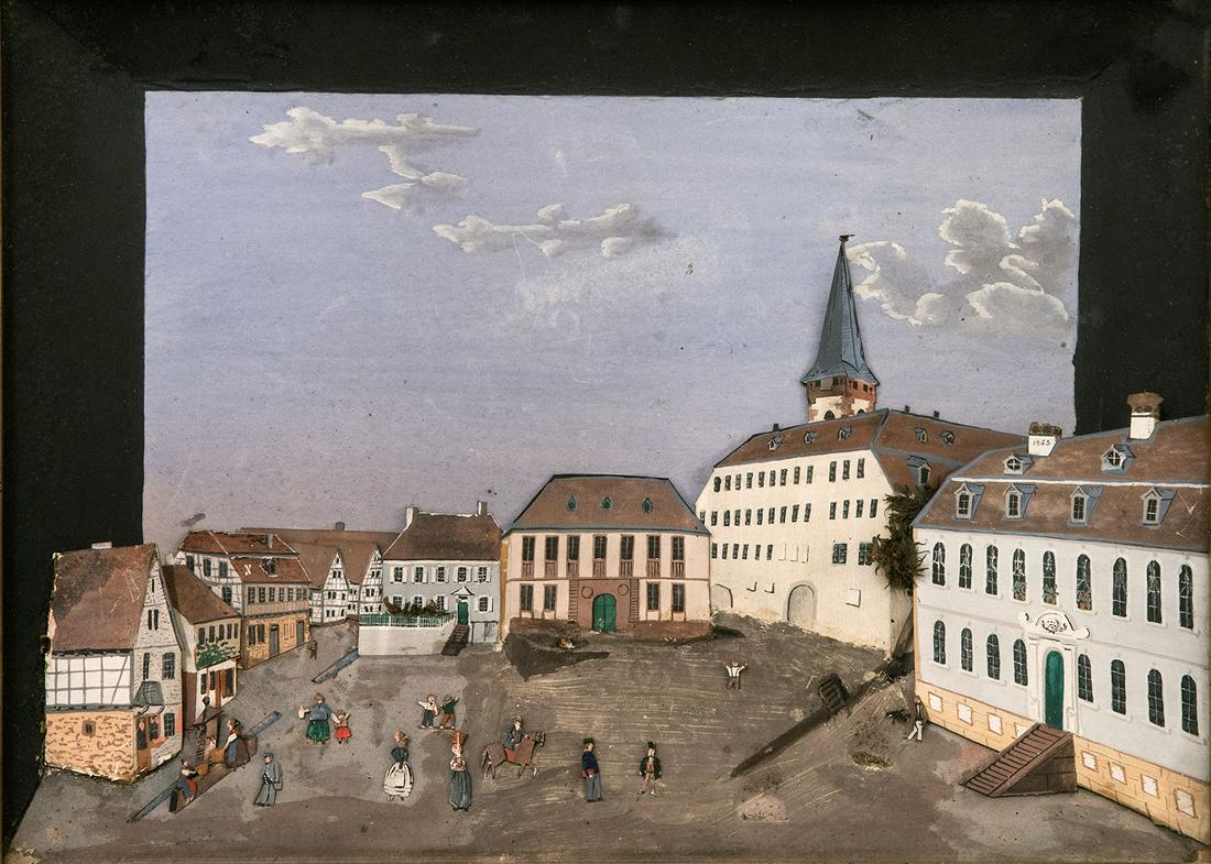 Unidentified Dutch Artist, Town Square: Unidentified Dutch Artist, Town Square Diorama 1863 Dated 1863 (on one of the buildings). 26 x 36 cm Provenance: Estate of Isidor Kaiser, Copenhagen-Hamburg. <