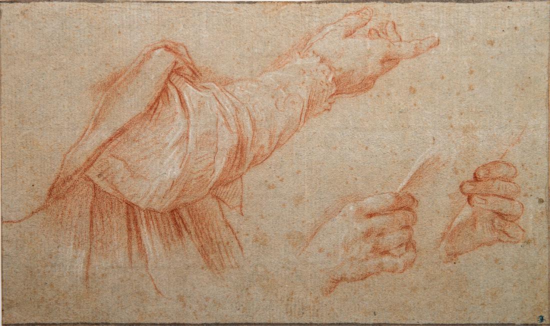 Jean-Antoine Watteau (1684-1721), A Study of Hands: Jean-Antoine Watteau (1684-1721), A Study of Hands Red chalk on paper Stamped (lower right). Another sketch (on the reverse). 13.3 x 22.1 cm Provenance: Otto Magnus von Stackelberg (17